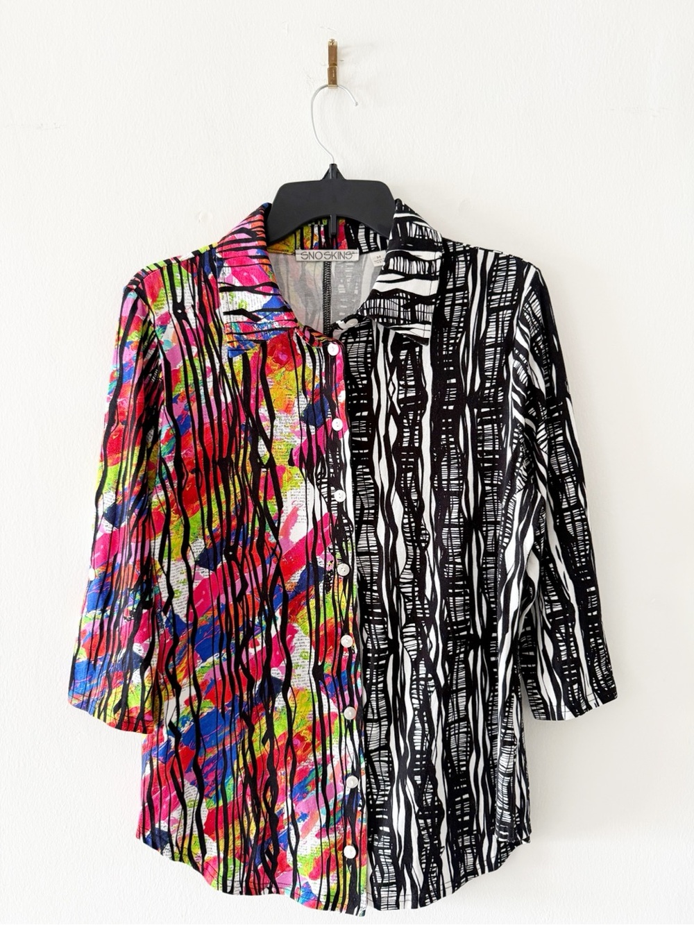 Snoskins Two-Tone Mixed Abstract Print Viscose Knit Blouse Top USA Made Medium